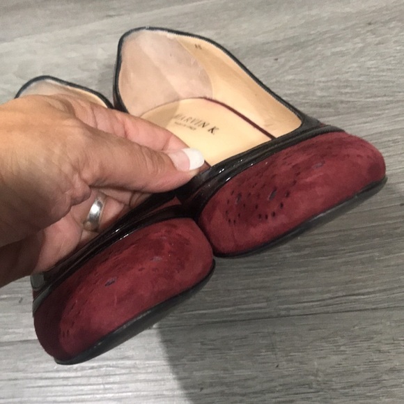 Marvin K. Burgundy Suede Wingtip Detailing Pumps w/ Black Patent Leather Trim - Picture 4 of 10